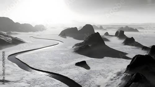 Winding river through stark mountain landscape black and white mountains