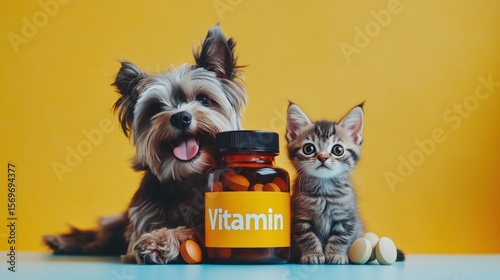 A puppy and a kitten sitting with a bottle of pet vitamins.