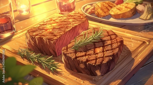 Delicious grilled steak with rosemary sprigs served on a wooden cutting board alongside roasted potatoes and a refreshing beverage under warm lighting at sunset.