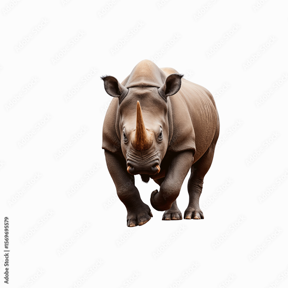 Obraz premium Powerful Rhinoceros: A captivating portrait of a rhinoceros with a prominent horn charges assertively towards the viewer, embodying raw power, and determination.