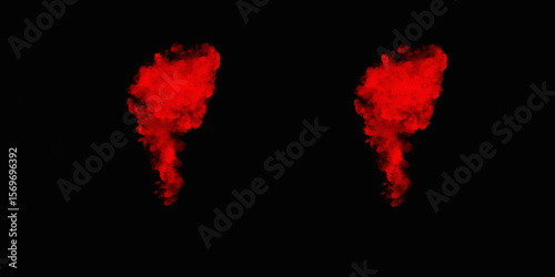  Red color powder explosion isolated on black background. Colorful dust explode. Paint Holi, dust particles splash. Network concept with spray. Futuristic technology element. 3D rendering.