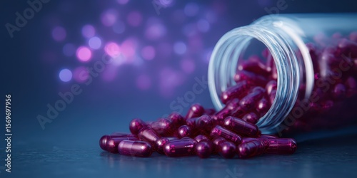 A close-up of a tipped-over bottle spilling purple capsules on a dark surface with a blurry purple bokeh background.