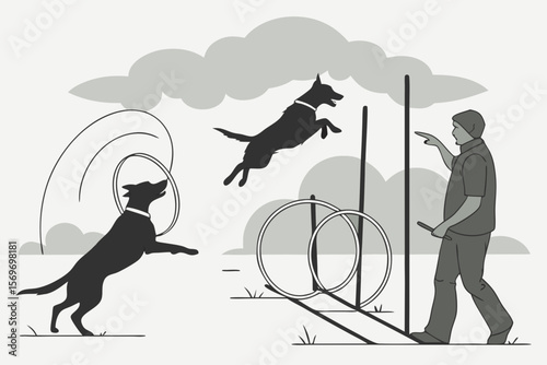 Dog Training & Agility Course Silhouettes — Jump, Tunnel, Seesaw, Weave Poles & Trainer with Dog for Sports Clubs & Merch

