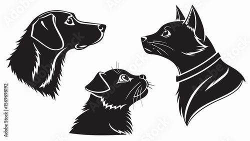 Pet Face Silhouettes — Side & Front View Head Profiles of Dogs and Cats with Ears, Eyes, Snouts & Whiskers for Logos & Signs