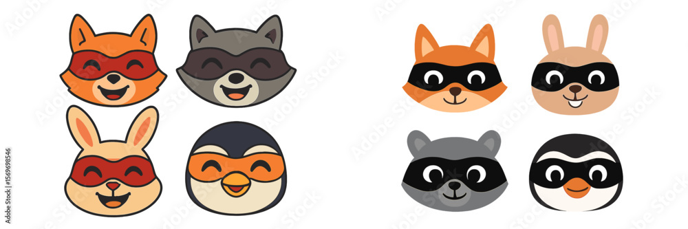 Fototapeta premium Colorful cartoon animal characters in masks enjoying a playful moment among friends in a lighthearted design