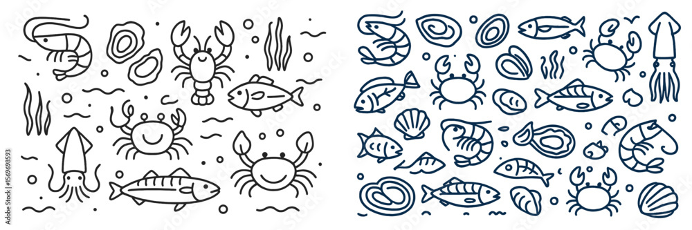 Obraz premium Underwater sketch showcasing various sea creatures like crabs, fish, and shellfish in an artistic style