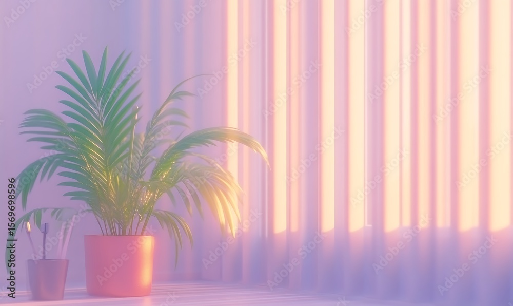 A colorful room setting featuring a potted plant next to curtains A colorful room setting featuring a potted plant next to curtains
