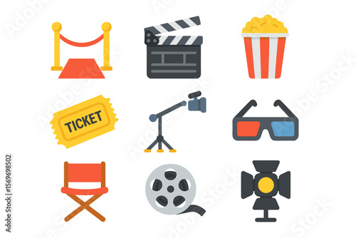 Icons representing a film festival, showcasing elements like tickets, popcorn, and equipment used in movie production