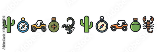 Desert adventure icons featuring cacti, compass, vehicles, and scorpions for outdoor exploration themes