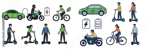 Electric vehicles and sustainable transport options illustrated in a dynamic urban environment
