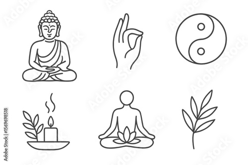 Symbols of peace and tranquility featuring a Buddha, hand gesture, yin-yang, candle, meditating figure, and leaves in minimalist design