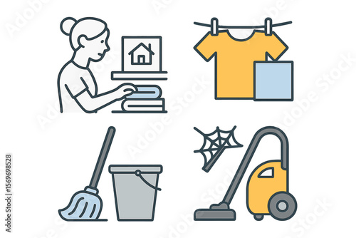 Household chores illustrated with various cleaning tasks and items frequently found in homes during daily routines