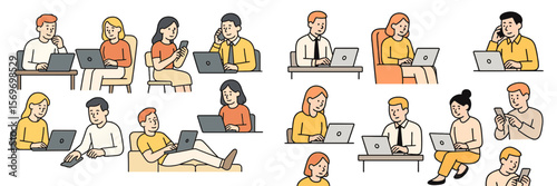 People engaged in various work and leisure activities with technology in a modern office setting