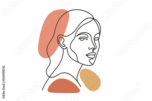 Line drawing of a woman's face with abstract colorful shapes in the background creating a modern artistic look