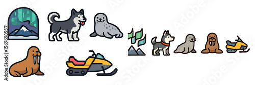 Winter wildlife and adventure icons representing arctic animals and activities in a colorful and playful style