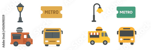 Colorful illustration of urban transportation elements showcasing bus, metro, street lamp, and food truck in a lively city setting
