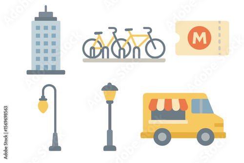 Urban transportation elements with bicycles, metro ticket, food truck, and modern building in a city setting