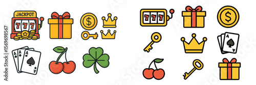 Colorful casino icons featuring jackpot, playing cards, and lucky symbols for gaming enthusiasts