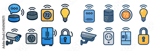 Collection of smart home icons representing various connected devices and their functions in a modern living environment