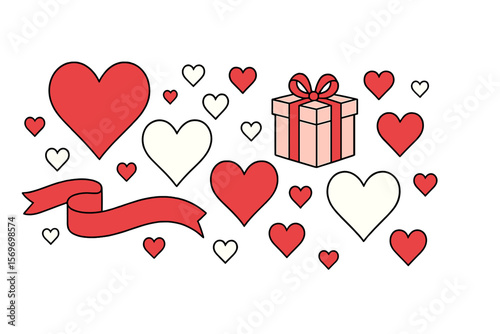 Colorful hearts and a gift box create a festive celebration atmosphere for love and special occasions