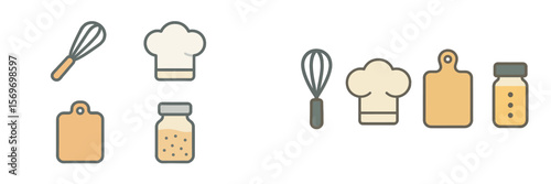 Illustrative collection of kitchen tools and ingredients for culinary enthusiasts showcasing whisk, chef hats, and measuring jars
