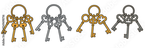 Collection of decorative keys displayed on a ring showcasing various shapes and colors in a minimalistic design