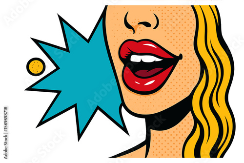 Colorful pop art illustration of a woman's mouth speaking against a vibrant backdrop