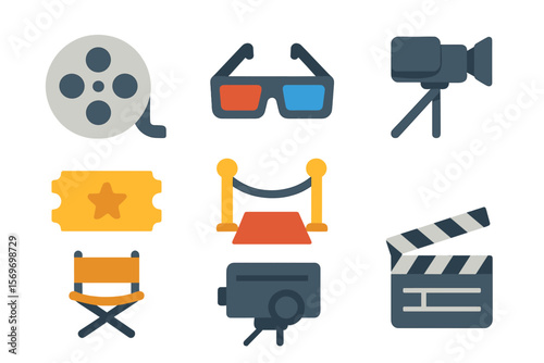 Film and cinema icons featuring camera equipment, 3D glasses, and movie tickets in a colorful design