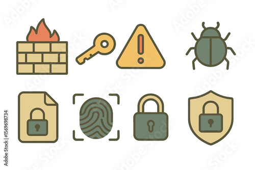 Collection of cybersecurity icons representing various aspects of digital protection and data security