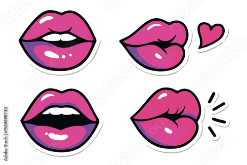 Colorful cartoon lips in various poses and expressions on a white background for creative design elements