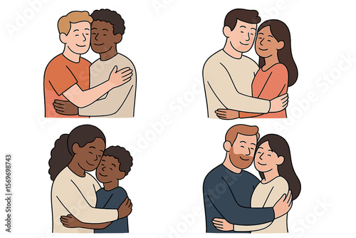 Embracing moments of joy and connection among diverse pairs in warm, tender settings