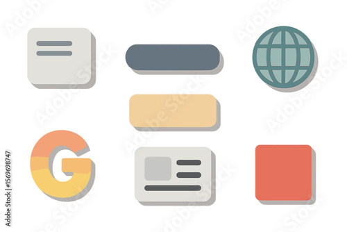 Modern digital icons in a flat design with varying shapes showcasing global connectivity and information