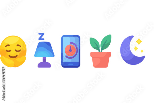 Celebrating cozy moments during nighttime with emojis representing relaxation, sleep, technology, nature, and serenity