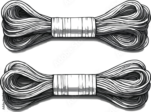 black and white of cotton threads, bundles of thread or yarn, possibly embroidery floss or similar material.