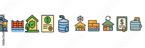 Various icons representing home insurance concepts related to water, property protection, and financial documents during winter