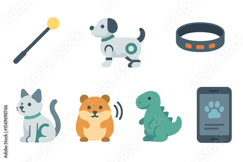 Unique collection of pet-related items including toys, gadgets, and cute animals displayed in a minimalist style