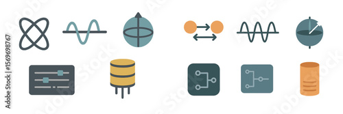 Collection of abstract icons representing science, technology, and data visualization in a modern and minimalist style