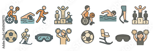 Sports symbols representing various activities, categories, and achievements during athletic competitions in different environments