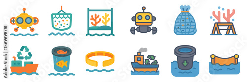 Underwater exploration tools and marine life conservation icons in a colorful design
