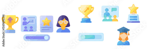 Digital icons representing achievement, learning, and participation in an educational setting with a modern design