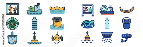Icon collection depicting marine conservation efforts featuring turtles, pollution cleanup, and underwater robotics