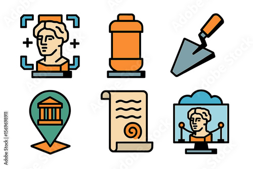 Iconic symbols of classical architecture and culture captured in vibrant, minimalist design