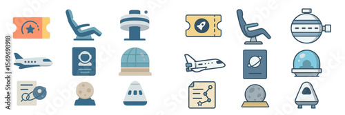 Digital icons representing travel, space exploration, and ticketing activities for various experiences