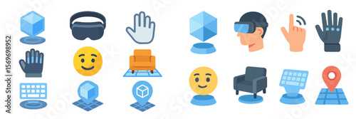 Virtual reality icons representing immersive technology, user interaction, and digital environments
