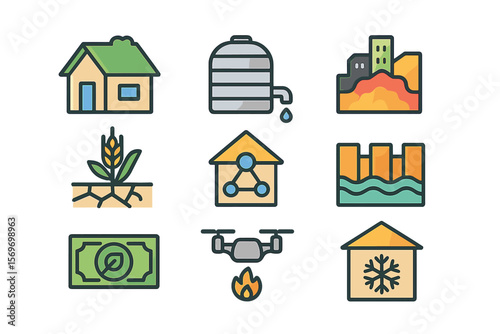 Collection of icons representing sustainable resources, agriculture, and technology in rural development activities