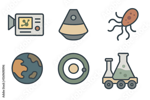 Icons representing science and exploration including a planet, spacecraft, and microbes in a creative arrangement