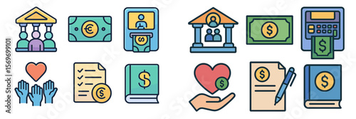 Financial management icons illustrating budgeting, saving, and investment strategies for effective money handling in daily life