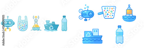 Illustration of marine conservation tools and concepts promoting ocean health and pollution awareness