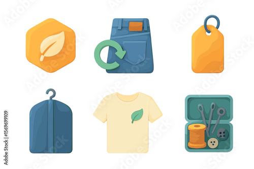 Icons representing sustainable fashion practices featuring clothing and materials in bright colors