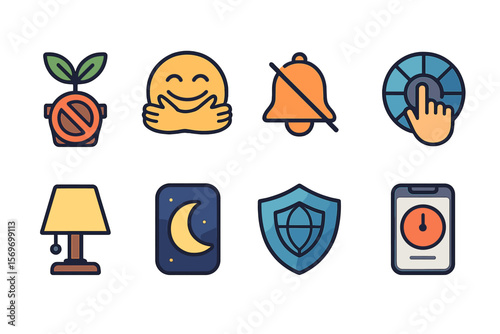 Icons representing various concepts such as growth, safety, and time management displayed in a grid layout